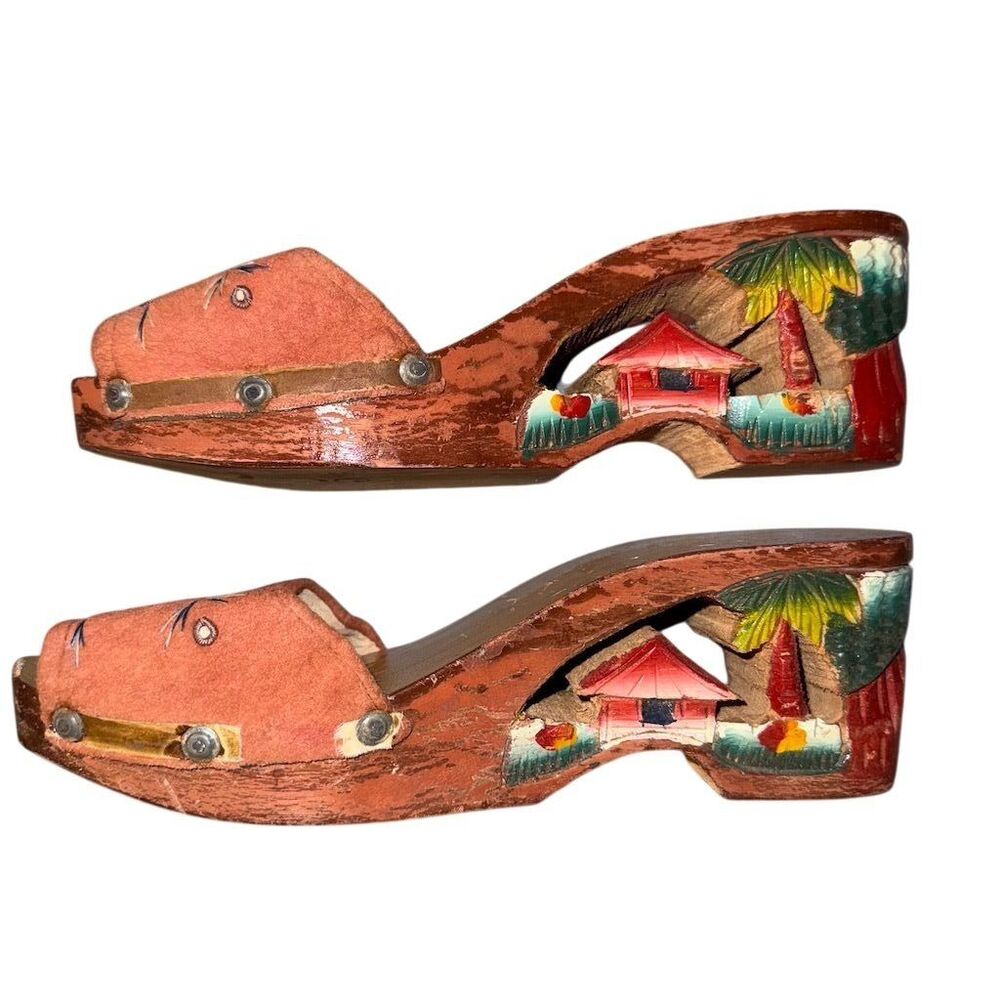 Vintage Hand Carved Wooden Women's Shoes with Embroidery Size 6